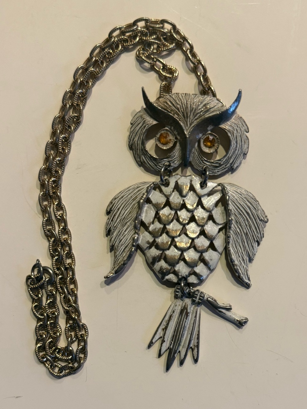 ⁠Vintage 1970s Articulated Owl Pendant Necklace with Amber Colored Eyes